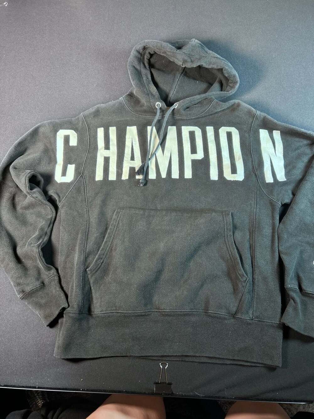 Y2K Champion Reverse Weave Hoodie Mens Small Black Spellout Logo Pullover